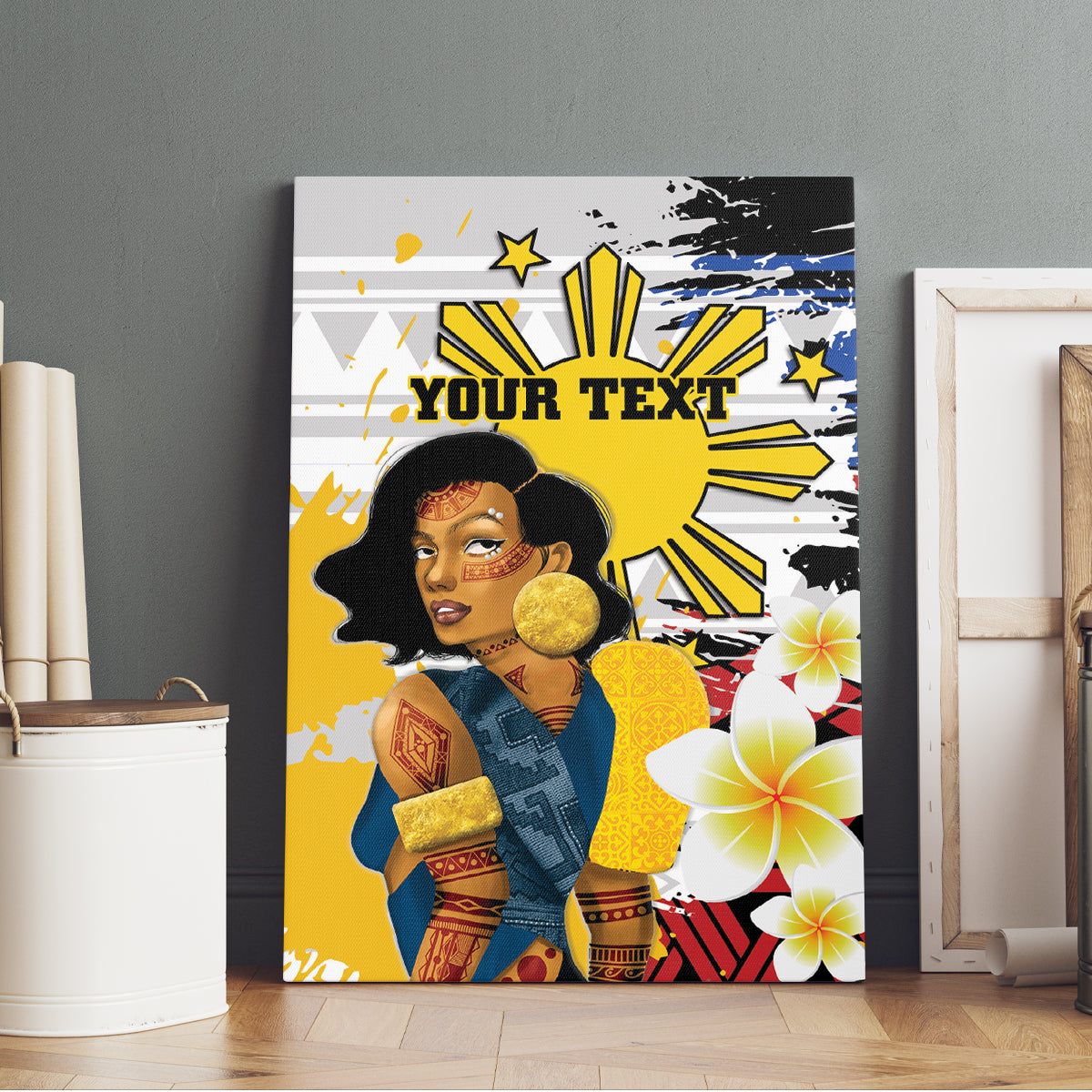 Personalised Philippines Women's Day Canvas Wall Art Filipino Golden Sun With Polynesian Pattern