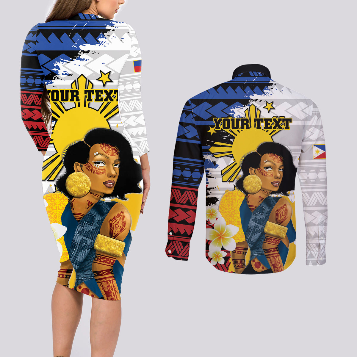Personalised Philippines Women's Day Couples Matching Long Sleeve Bodycon Dress and Long Sleeve Button Shirt Filipino Golden Sun With Polynesian Pattern LT14 - Polynesian Pride