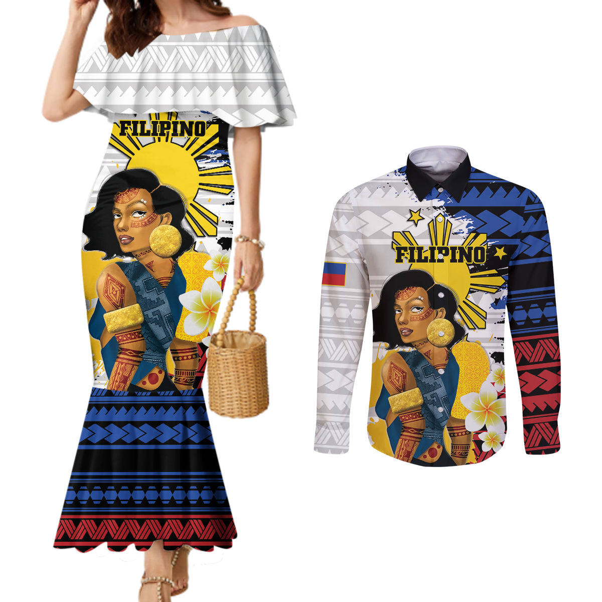 Personalised Philippines Women's Day Couples Matching Mermaid Dress and Long Sleeve Button Shirt Filipino Golden Sun With Polynesian Pattern LT14 Red - Polynesian Pride