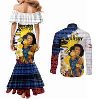 Personalised Philippines Women's Day Couples Matching Mermaid Dress and Long Sleeve Button Shirt Filipino Golden Sun With Polynesian Pattern LT14 - Polynesian Pride