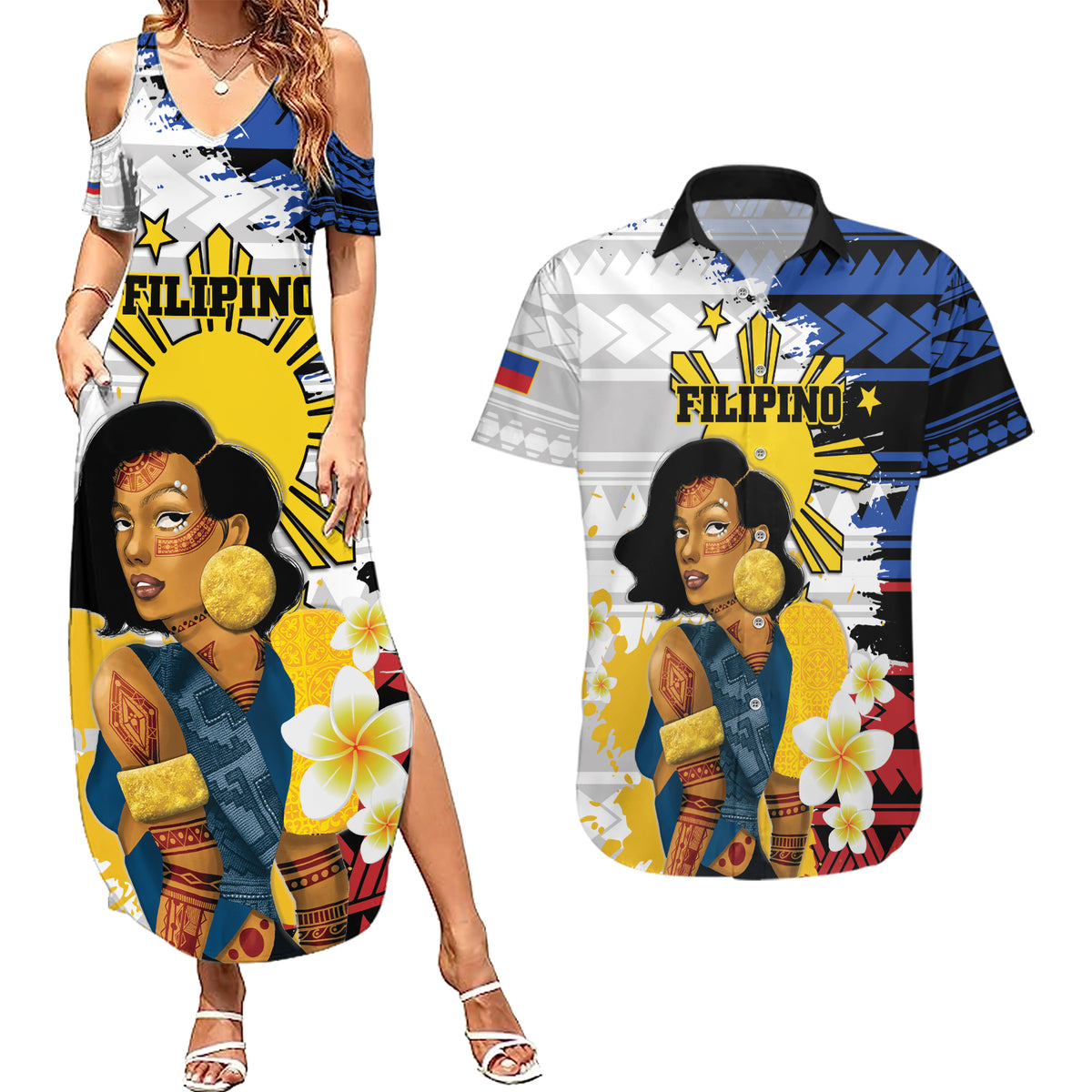 Personalised Philippines Women's Day Couples Matching Summer Maxi Dress and Hawaiian Shirt Filipino Golden Sun With Polynesian Pattern LT14 Red - Polynesian Pride