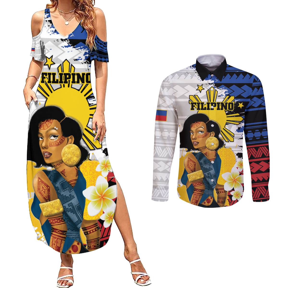 Personalised Philippines Women's Day Couples Matching Summer Maxi Dress and Long Sleeve Button Shirt Filipino Golden Sun With Polynesian Pattern LT14 Red - Polynesian Pride