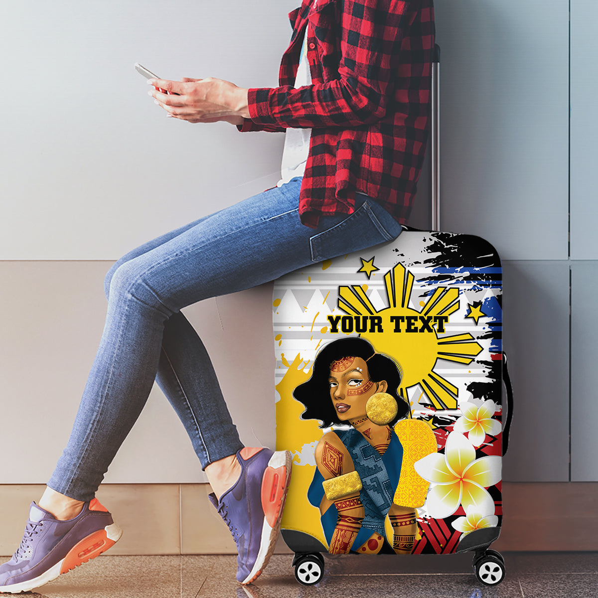 Personalised Philippines Women's Day Luggage Cover Filipino Golden Sun With Polynesian Pattern