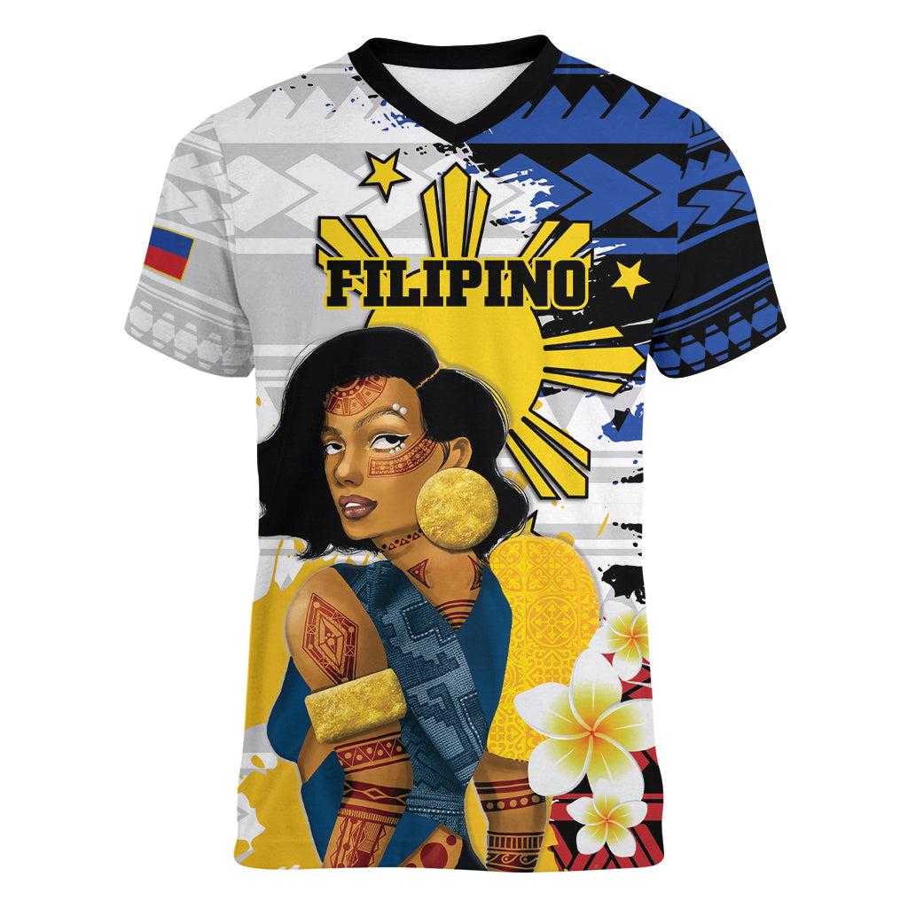 Personalised Philippines Women's Day Women V Neck T Shirt Filipino Golden Sun With Polynesian Pattern LT14 Female Red - Polynesian Pride