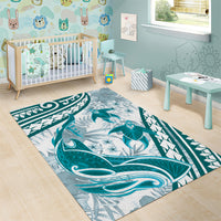 Cyan Polynesia Area Rug Polynesian Turtle Shark Tattoo Tropical Vintage