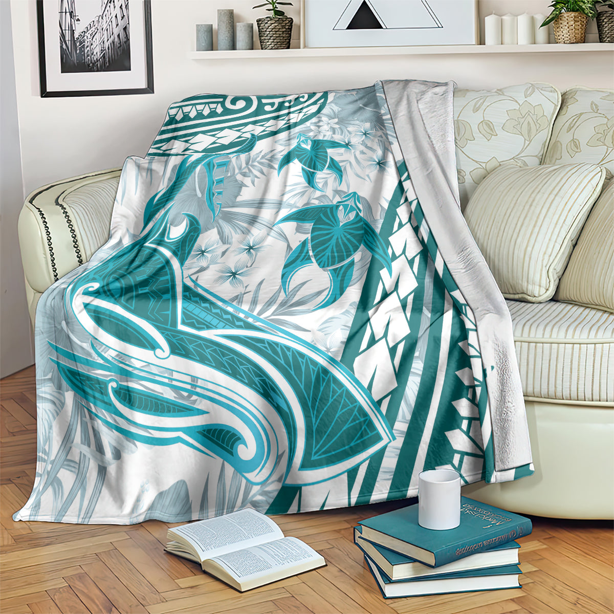 Cyan Polynesia Blanket Polynesian Turtle Shark Tattoo Tropical Vintage LT14 Cyan - Polynesian Pride