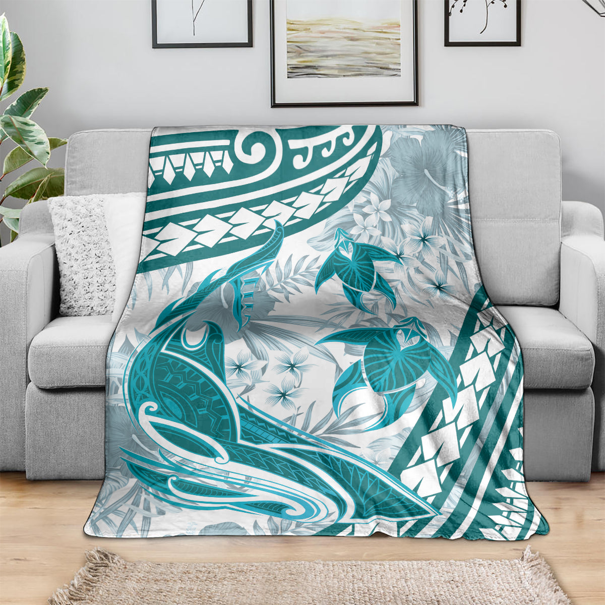 Cyan Polynesia Blanket Polynesian Turtle Shark Tattoo Tropical Vintage LT14 - Polynesian Pride