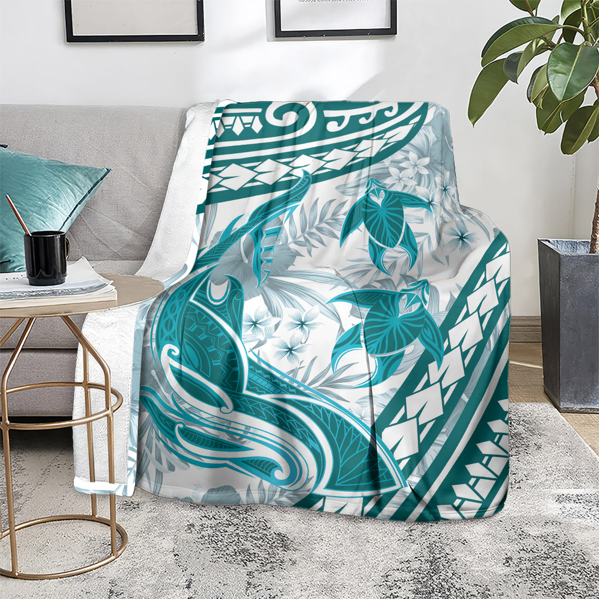 Cyan Polynesia Blanket Polynesian Turtle Shark Tattoo Tropical Vintage LT14 - Polynesian Pride