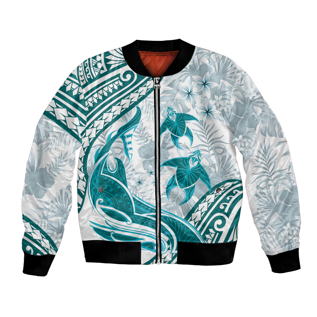Cyan Polynesia Bomber Jacket Polynesian Turtle Shark Tattoo Tropical Vintage LT14 Unisex Cyan - Polynesian Pride