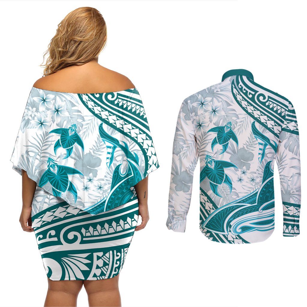 Cyan Polynesia Couples Matching Off Shoulder Short Dress and Long Sleeve Button Shirt Polynesian Turtle Shark Tattoo Tropical Vintage LT14 - Polynesian Pride