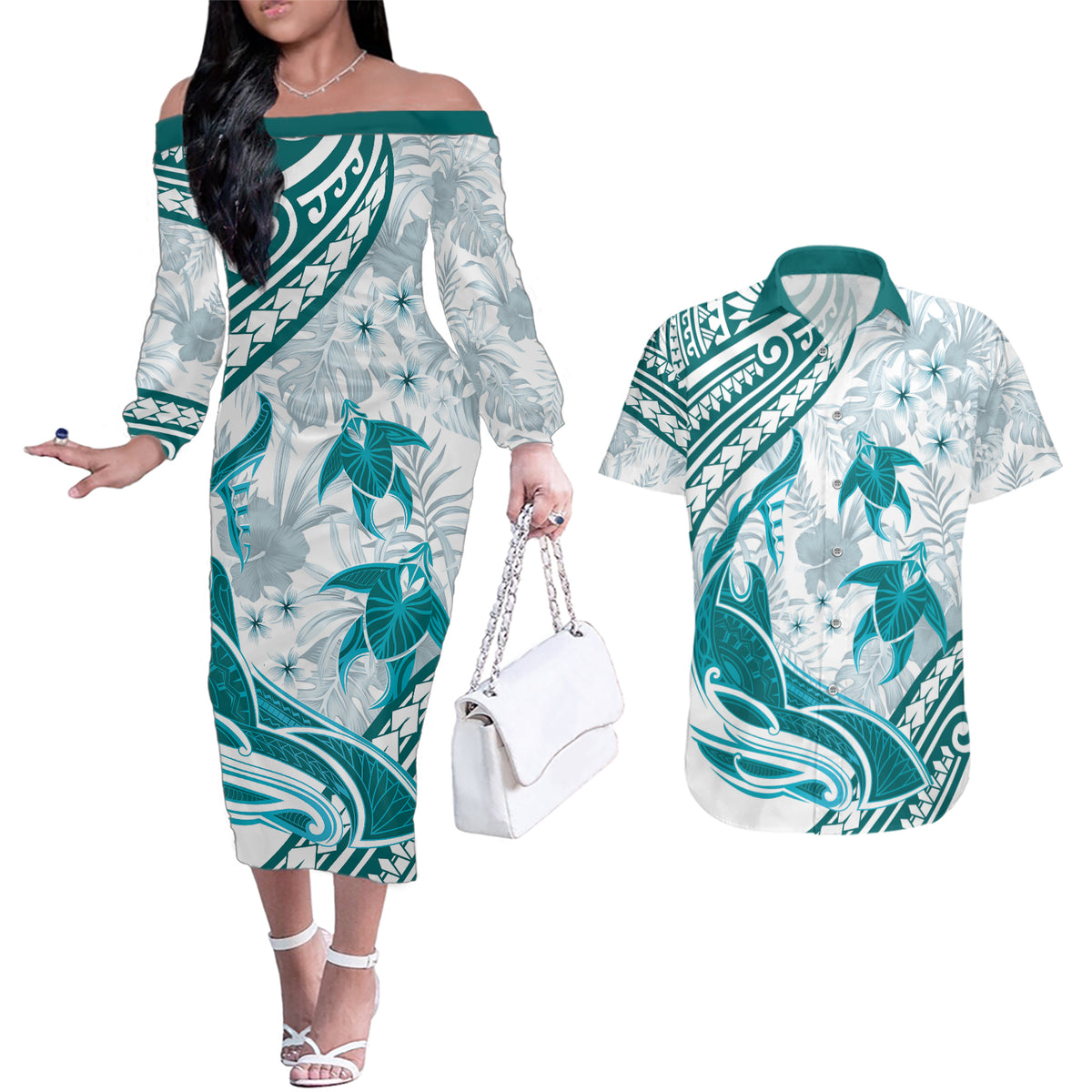 Cyan Polynesia Couples Matching Off The Shoulder Long Sleeve Dress and Hawaiian Shirt Polynesian Turtle Shark Tattoo Tropical Vintage LT14 Cyan - Polynesian Pride