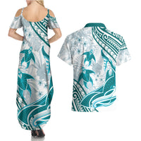 Cyan Polynesia Couples Matching Summer Maxi Dress and Hawaiian Shirt Polynesian Turtle Shark Tattoo Tropical Vintage LT14 - Polynesian Pride