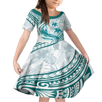 Cyan Polynesia Family Matching Off Shoulder Long Sleeve Dress and Hawaiian Shirt Polynesian Turtle Shark Tattoo Tropical Vintage LT14 Daughter's Dress Cyan - Polynesian Pride