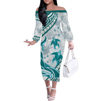 Cyan Polynesia Family Matching Off Shoulder Long Sleeve Dress and Hawaiian Shirt Polynesian Turtle Shark Tattoo Tropical Vintage LT14 Mom's Dress Cyan - Polynesian Pride