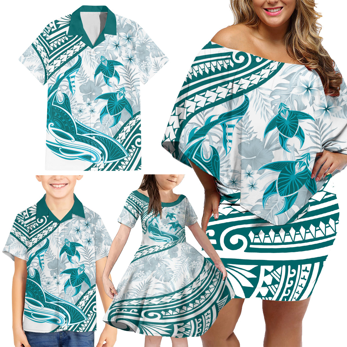 Cyan Polynesia Family Matching Off Shoulder Short Dress and Hawaiian Shirt Polynesian Turtle Shark Tattoo Tropical Vintage LT14 - Polynesian Pride
