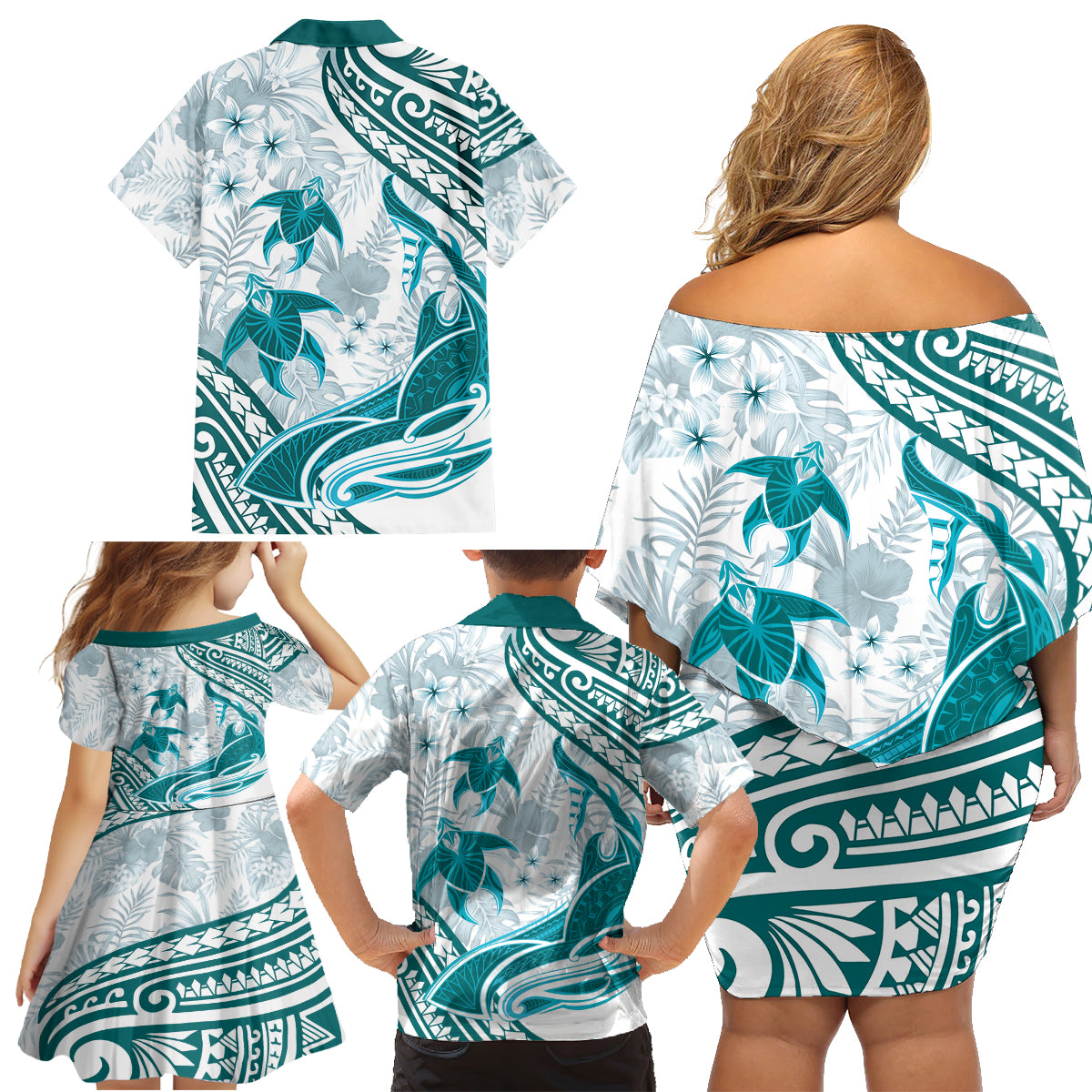 Cyan Polynesia Family Matching Off Shoulder Short Dress and Hawaiian Shirt Polynesian Turtle Shark Tattoo Tropical Vintage LT14 - Polynesian Pride