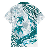 Cyan Polynesia Family Matching Off Shoulder Short Dress and Hawaiian Shirt Polynesian Turtle Shark Tattoo Tropical Vintage LT14 - Polynesian Pride