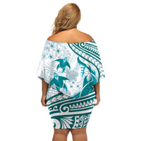 Cyan Polynesia Family Matching Off Shoulder Short Dress and Hawaiian Shirt Polynesian Turtle Shark Tattoo Tropical Vintage LT14 - Polynesian Pride