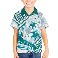 Cyan Polynesia Family Matching Off Shoulder Short Dress and Hawaiian Shirt Polynesian Turtle Shark Tattoo Tropical Vintage LT14 Son's Shirt Cyan - Polynesian Pride