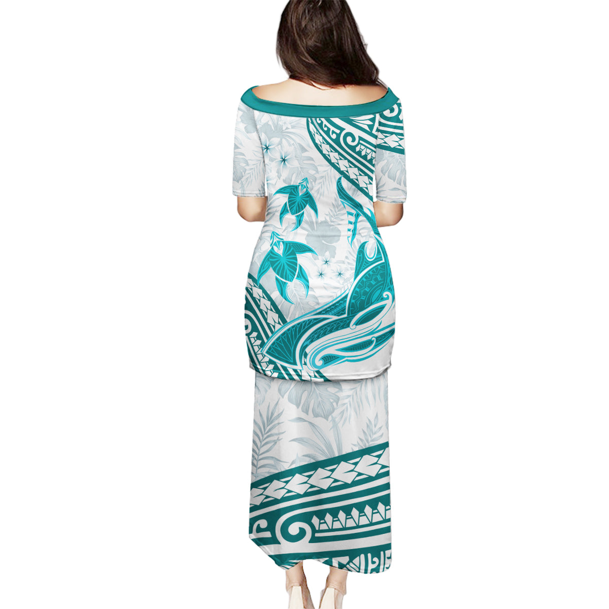 Cyan Polynesia Family Matching Puletasi and Hawaiian Shirt Polynesian Turtle Shark Tattoo Tropical Vintage LT14 - Polynesian Pride