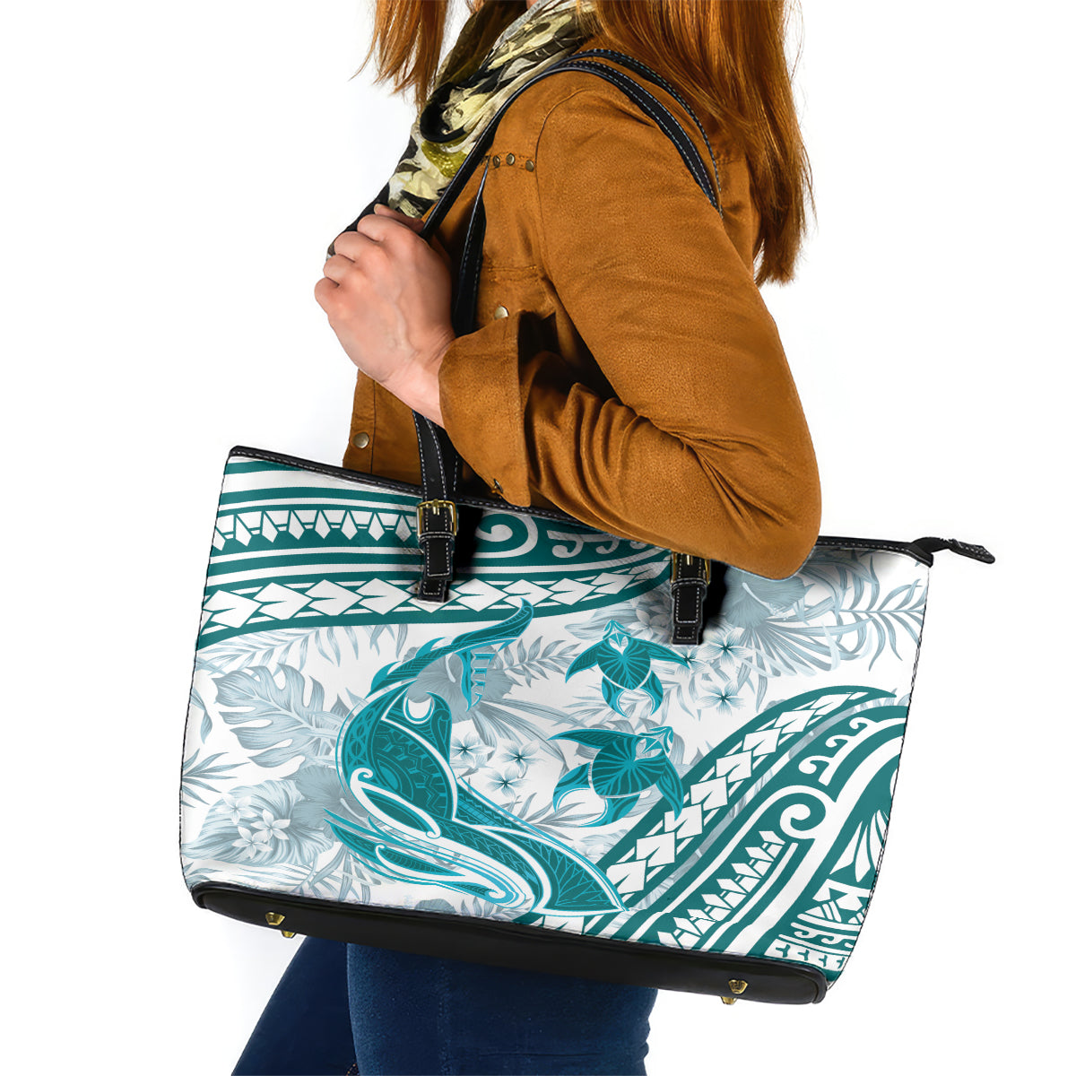 Cyan Polynesia Leather Tote Bag Polynesian Turtle Shark Tattoo Tropical Vintage LT14 Cyan - Polynesian Pride