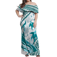 Cyan Polynesia Off Shoulder Maxi Dress Polynesian Turtle Shark Tattoo Tropical Vintage LT14 Women Cyan - Polynesian Pride