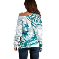 Cyan Polynesia Off Shoulder Sweater Polynesian Turtle Shark Tattoo Tropical Vintage LT14 - Polynesian Pride