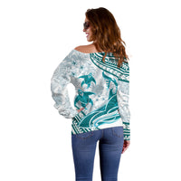 Cyan Polynesia Off Shoulder Sweater Polynesian Turtle Shark Tattoo Tropical Vintage LT14 - Polynesian Pride