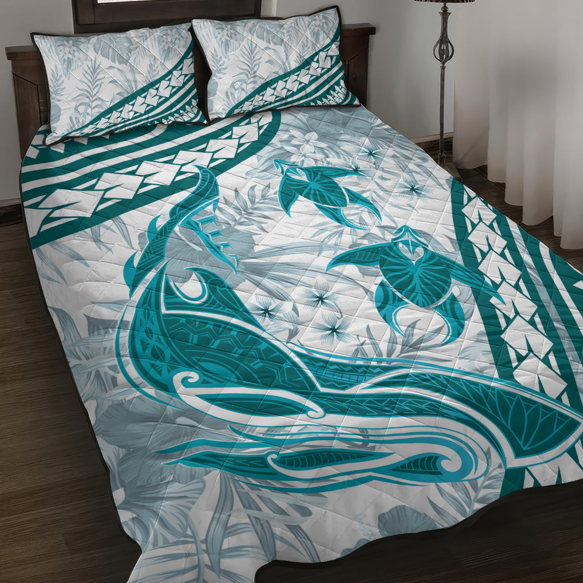 Cyan Polynesia Quilt Bed Set Polynesian Turtle Shark Tattoo Tropical Vintage