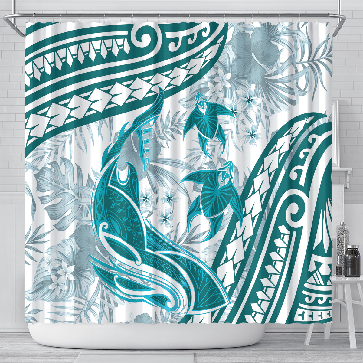 Cyan Polynesia Shower Curtain Polynesian Turtle Shark Tattoo Tropical Vintage LT14 - Polynesian Pride