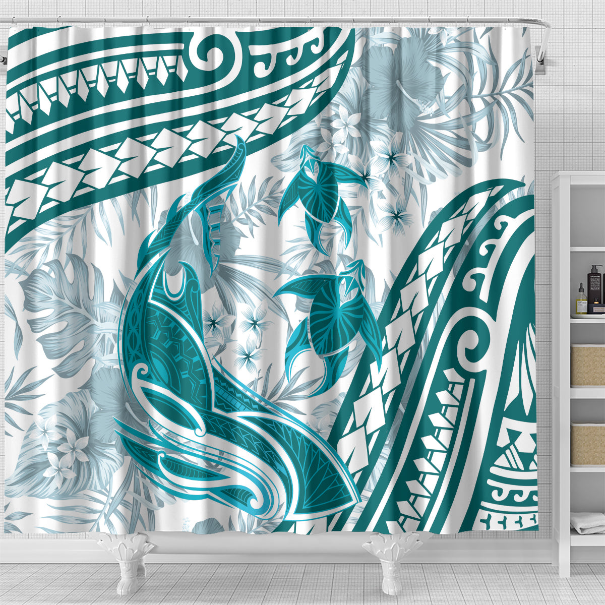 Cyan Polynesia Shower Curtain Polynesian Turtle Shark Tattoo Tropical Vintage LT14 - Polynesian Pride