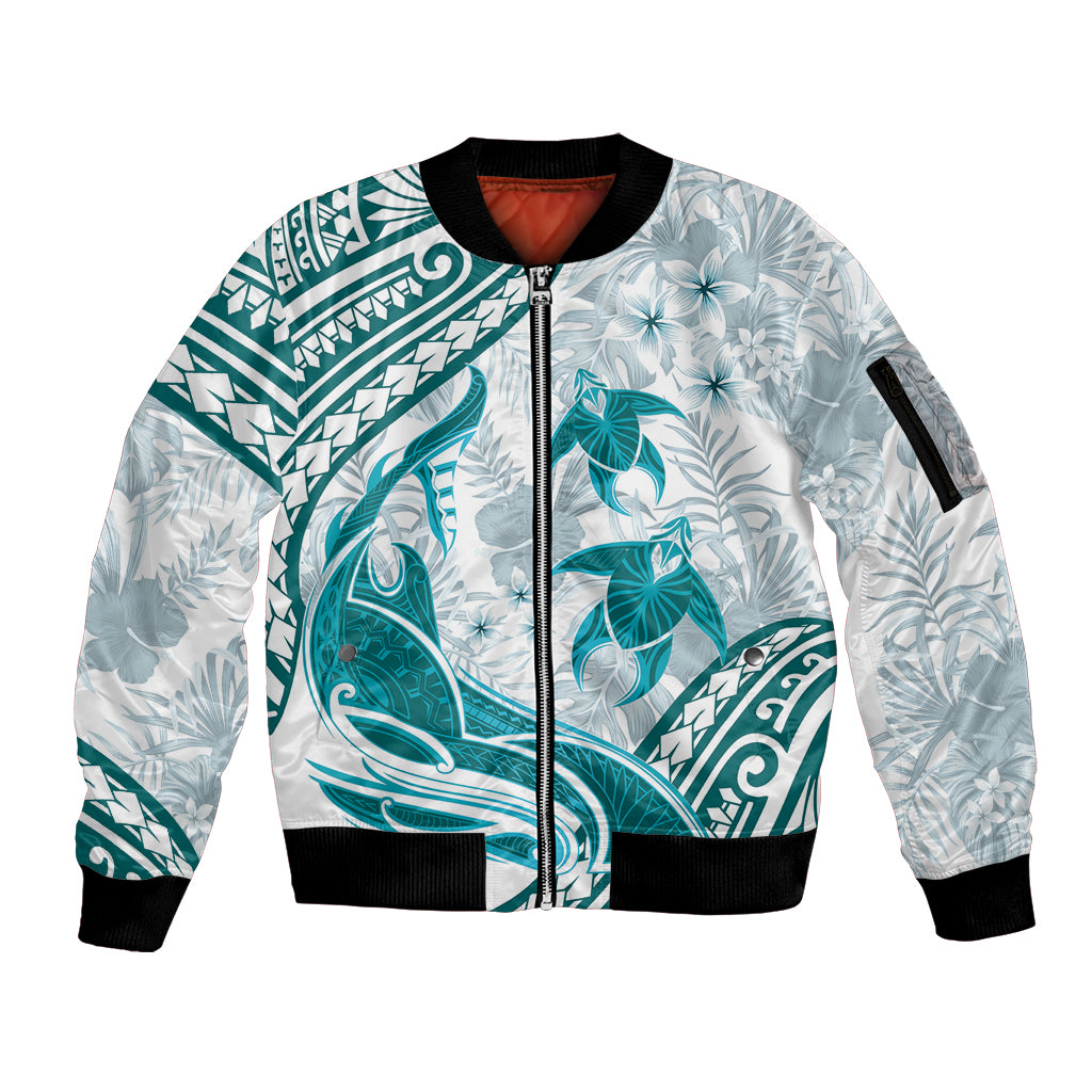 Cyan Polynesia Sleeve Zip Bomber Jacket Polynesian Turtle Shark Tattoo Tropical Vintage LT14 Unisex Cyan - Polynesian Pride