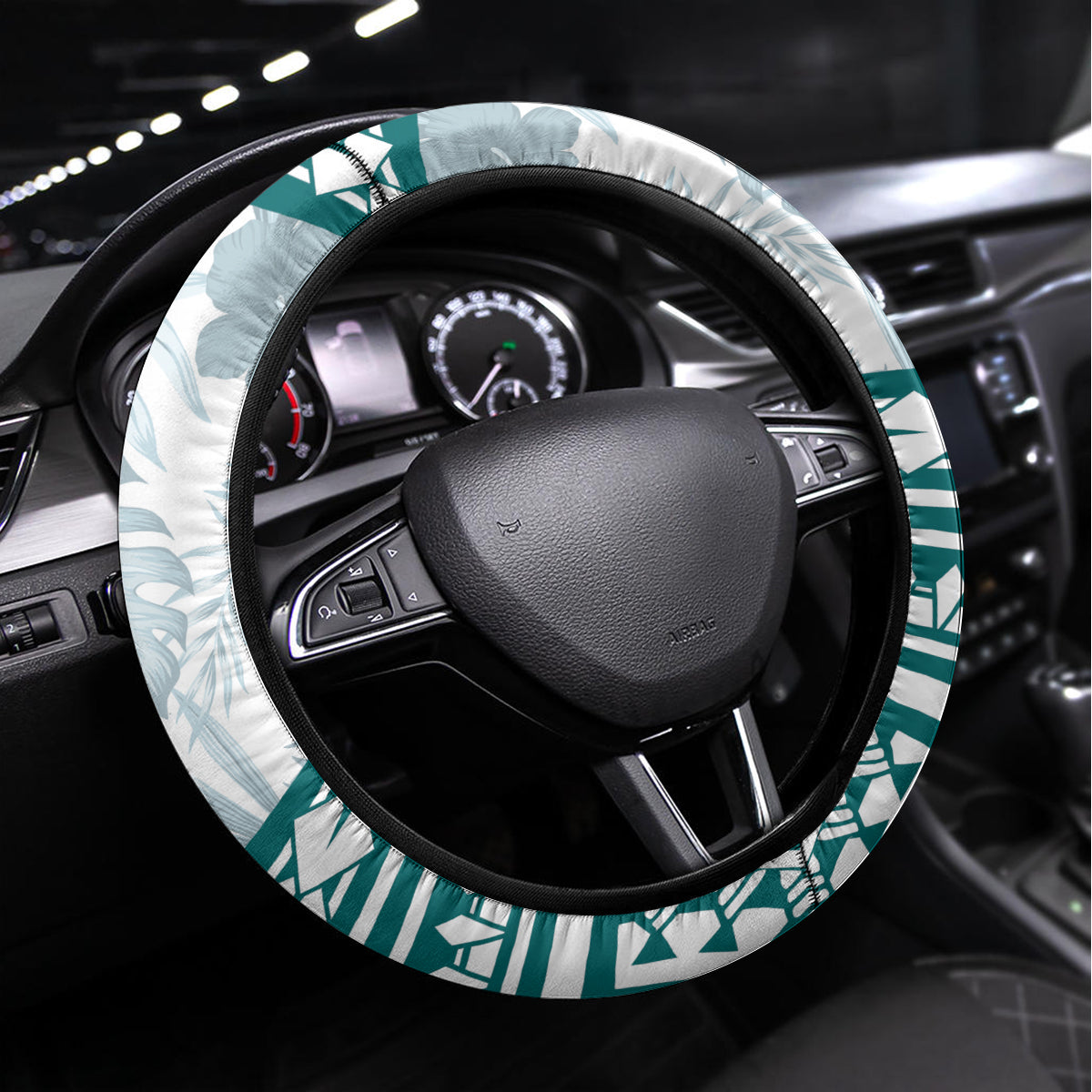 Cyan Polynesia Steering Wheel Cover Polynesian Turtle Shark Tattoo Tropical Vintage LT14 Universal Fit Cyan - Polynesian Pride