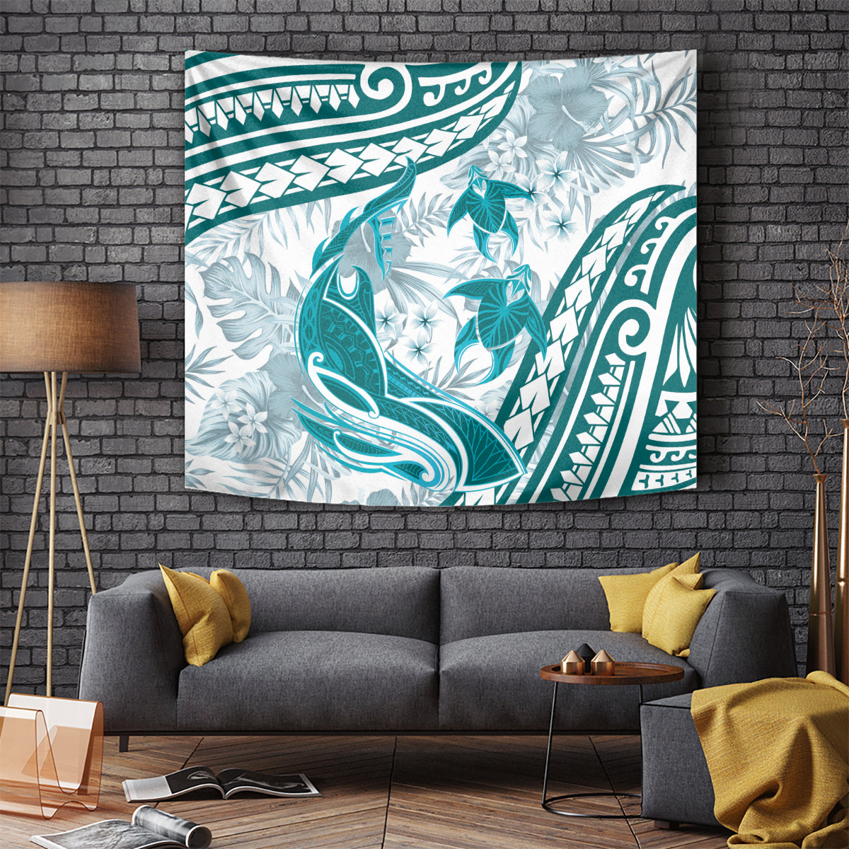 Cyan Polynesia Tapestry Polynesian Turtle Shark Tattoo Tropical Vintage