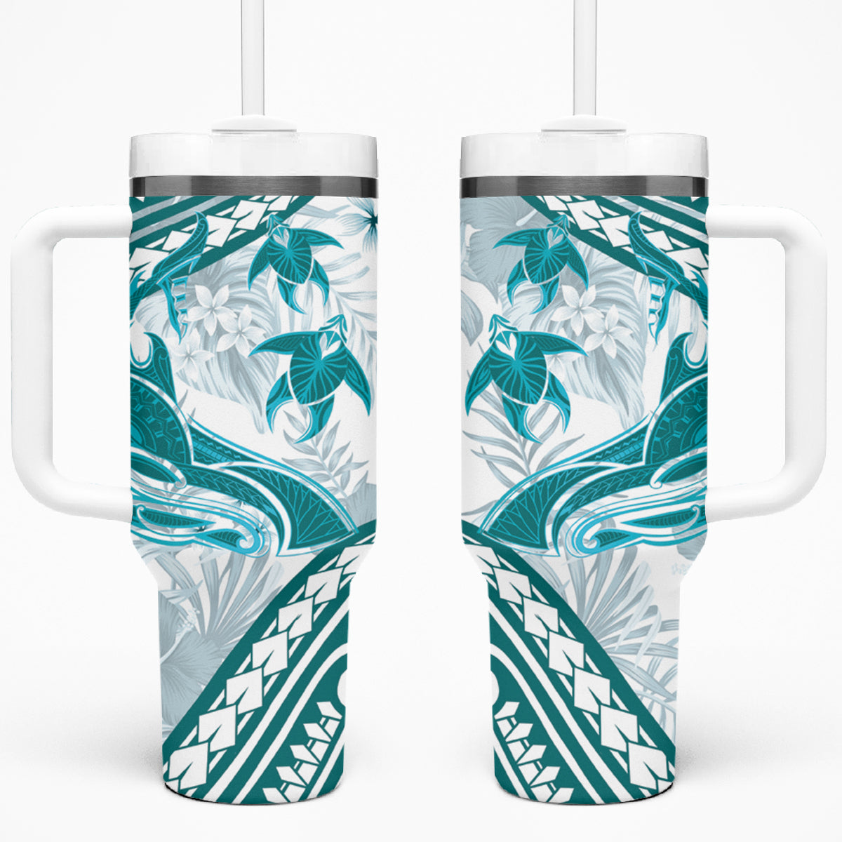 Cyan Polynesia Tumbler With Handle Polynesian Turtle Shark Tattoo Tropical Vintage