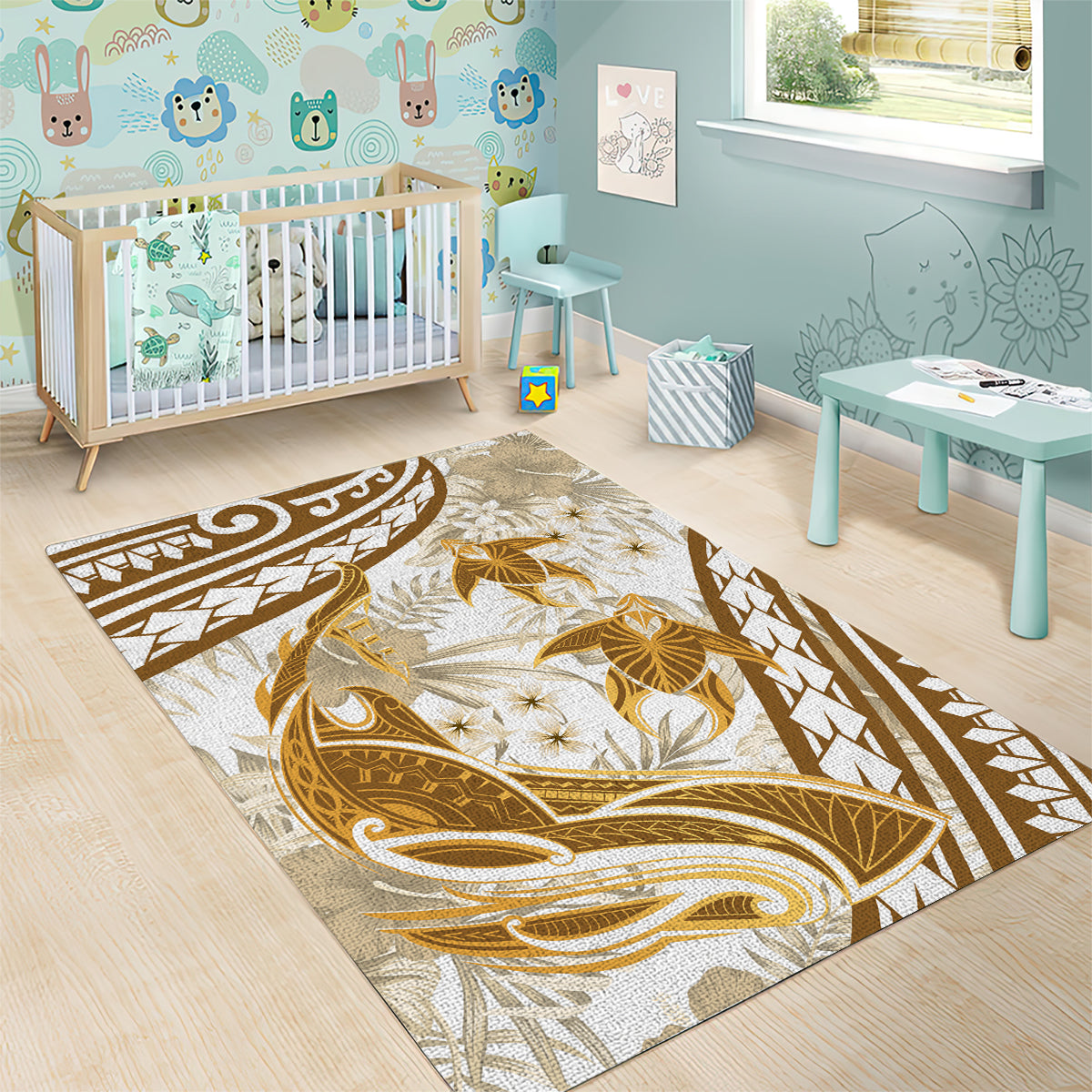 Gold Polynesia Area Rug Polynesian Turtle Shark Tattoo Tropical Vintage