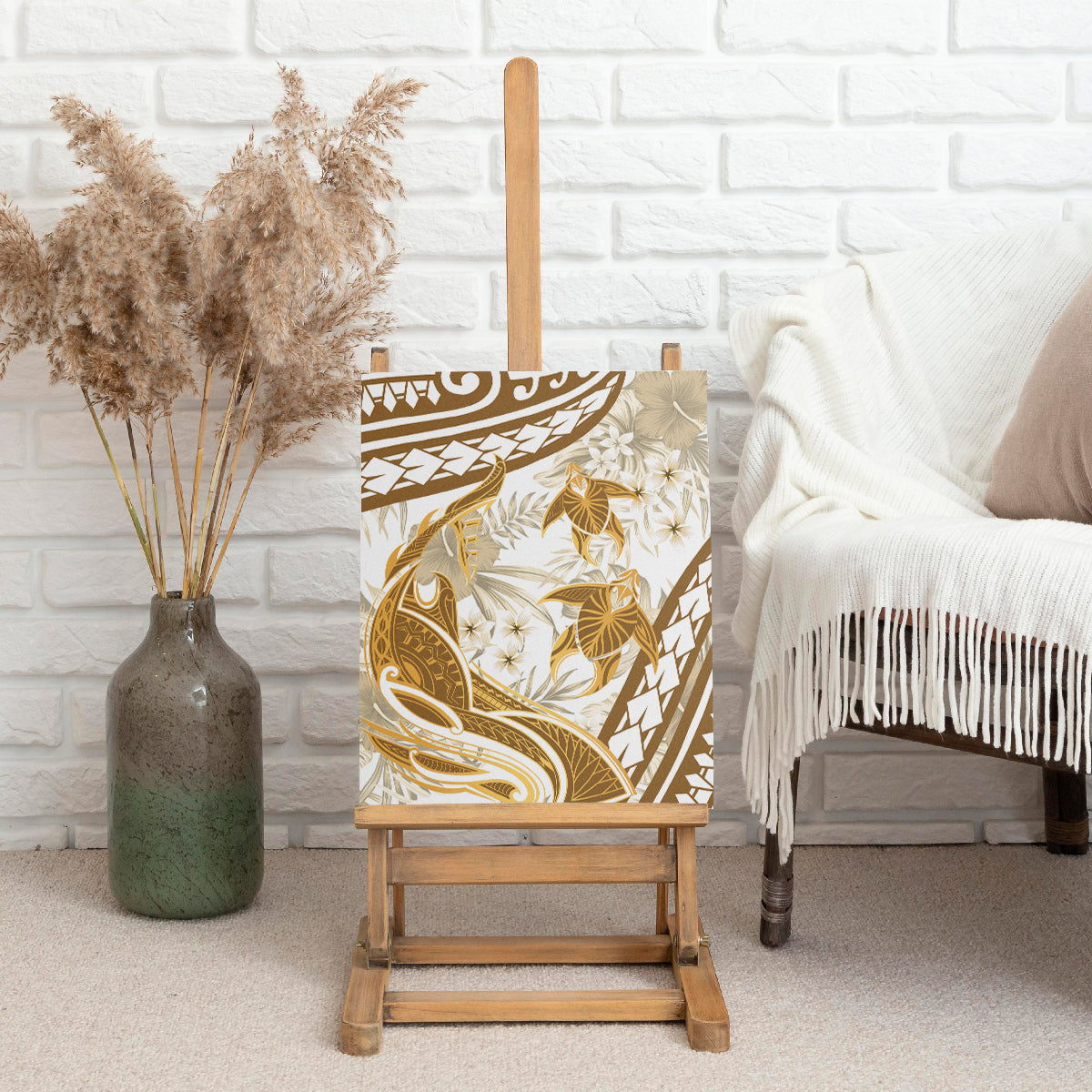 Gold Polynesia Canvas Wall Art Polynesian Turtle Shark Tattoo Tropical Vintage