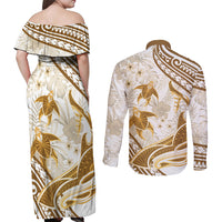 Gold Polynesia Couples Matching Off Shoulder Maxi Dress and Long Sleeve Button Shirt Polynesian Turtle Shark Tattoo Tropical Vintage LT14 - Polynesian Pride