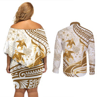 Gold Polynesia Couples Matching Off Shoulder Short Dress and Long Sleeve Button Shirt Polynesian Turtle Shark Tattoo Tropical Vintage LT14 - Polynesian Pride