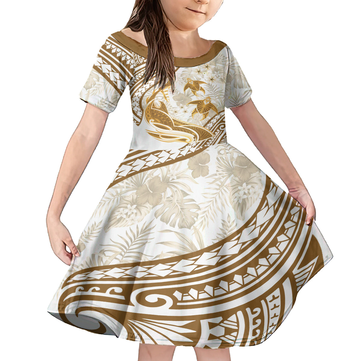 Gold Polynesia Family Matching Long Sleeve Bodycon Dress and Hawaiian Shirt Polynesian Turtle Shark Tattoo Tropical Vintage LT14 Daughter's Dress Gold - Polynesian Pride