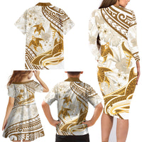 Gold Polynesia Family Matching Long Sleeve Bodycon Dress and Hawaiian Shirt Polynesian Turtle Shark Tattoo Tropical Vintage LT14 - Polynesian Pride