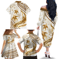 Gold Polynesia Family Matching Off Shoulder Long Sleeve Dress and Hawaiian Shirt Polynesian Turtle Shark Tattoo Tropical Vintage LT14 - Polynesian Pride