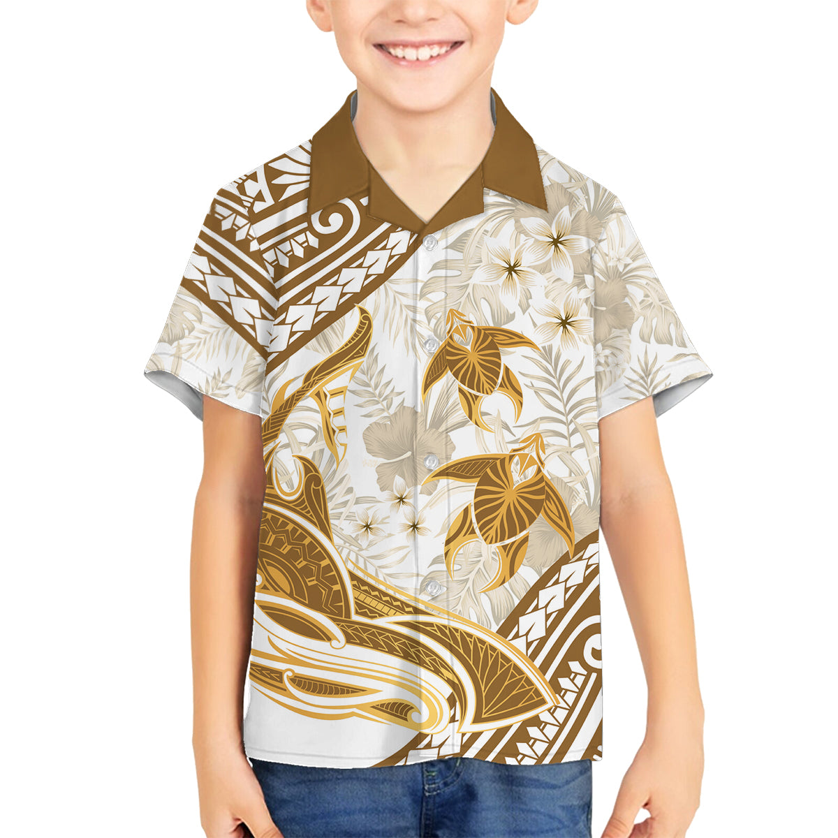 Gold Polynesia Family Matching Off Shoulder Long Sleeve Dress and Hawaiian Shirt Polynesian Turtle Shark Tattoo Tropical Vintage LT14 Son's Shirt Gold - Polynesian Pride
