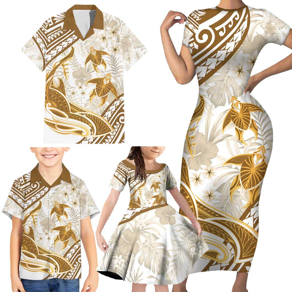 Gold Polynesia Family Matching Short Sleeve Bodycon Dress and Hawaiian Shirt Polynesian Turtle Shark Tattoo Tropical Vintage LT14