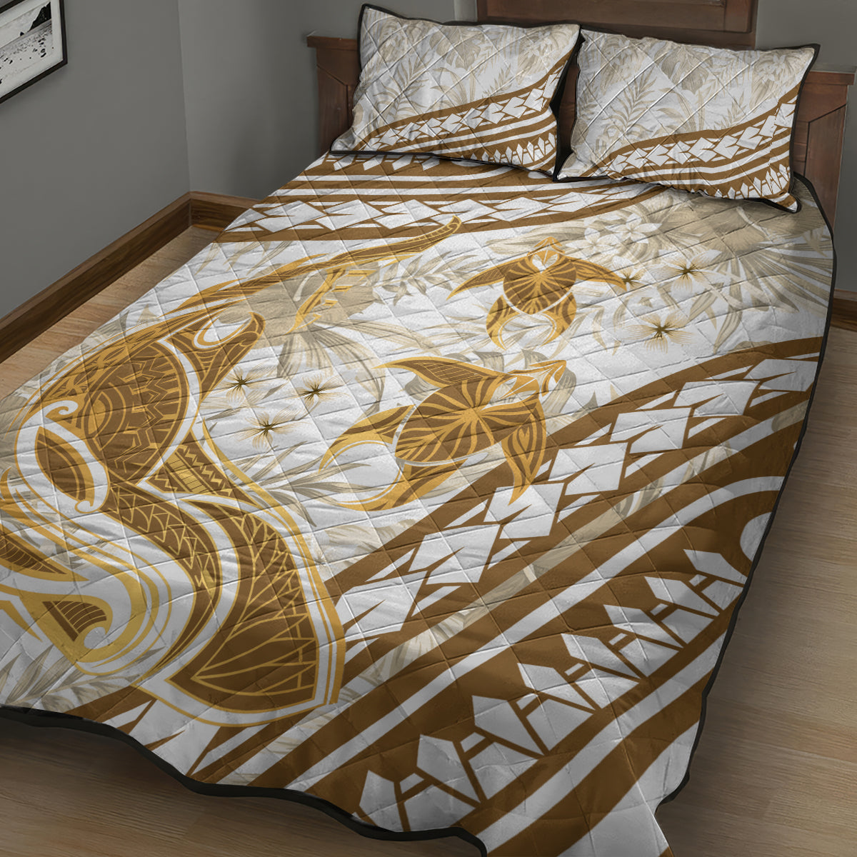 Gold Polynesia Quilt Bed Set Polynesian Turtle Shark Tattoo Tropical Vintage