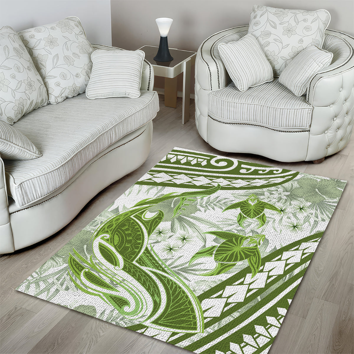 Lime Green Polynesia Area Rug Polynesian Turtle Shark Tattoo Tropical Vintage