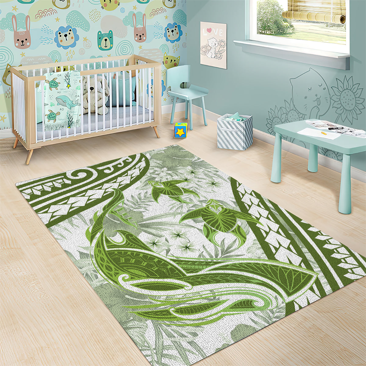 Lime Green Polynesia Area Rug Polynesian Turtle Shark Tattoo Tropical Vintage