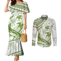 Lime Green Polynesia Couples Matching Mermaid Dress and Long Sleeve Button Shirt Polynesian Turtle Shark Tattoo Tropical Vintage LT14 Lime Green - Polynesian Pride