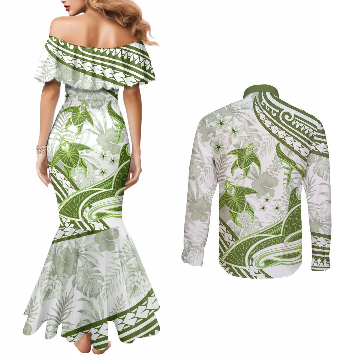 Lime Green Polynesia Couples Matching Mermaid Dress and Long Sleeve Button Shirt Polynesian Turtle Shark Tattoo Tropical Vintage LT14 - Polynesian Pride