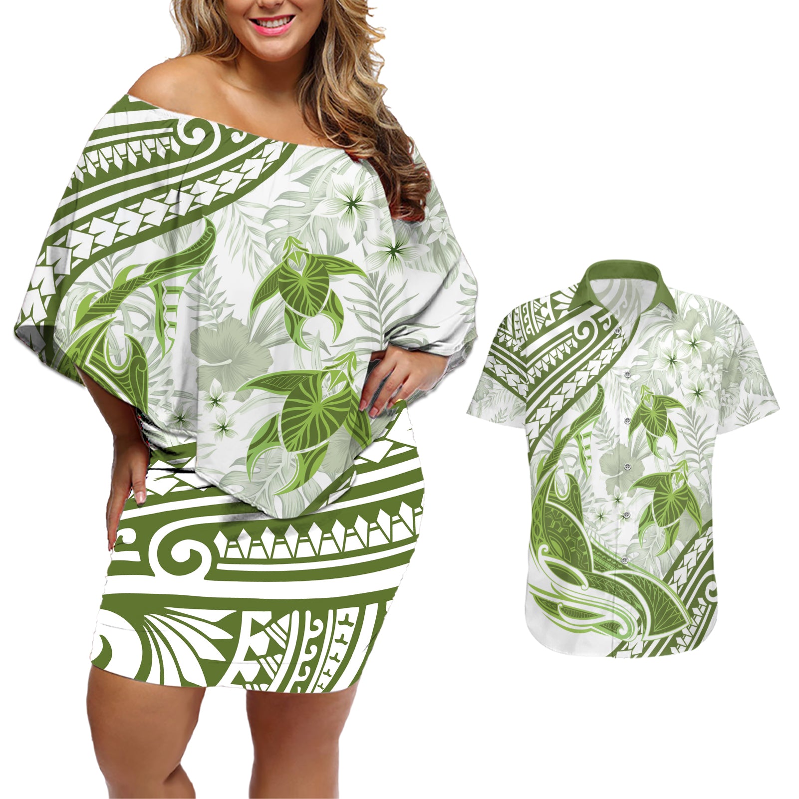 Lime Green Polynesia Couples Matching Off Shoulder Short Dress and Hawaiian Shirt Polynesian Turtle Shark Tattoo Tropical Vintage LT14 Lime Green - Polynesian Pride